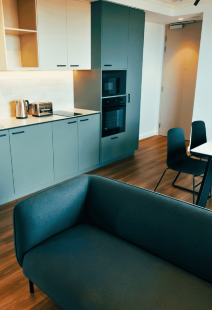 Modern studio kitchen and living area featuring built‑in cabinetry, a sink, appliances, a dining table with chairs, and a sofa.