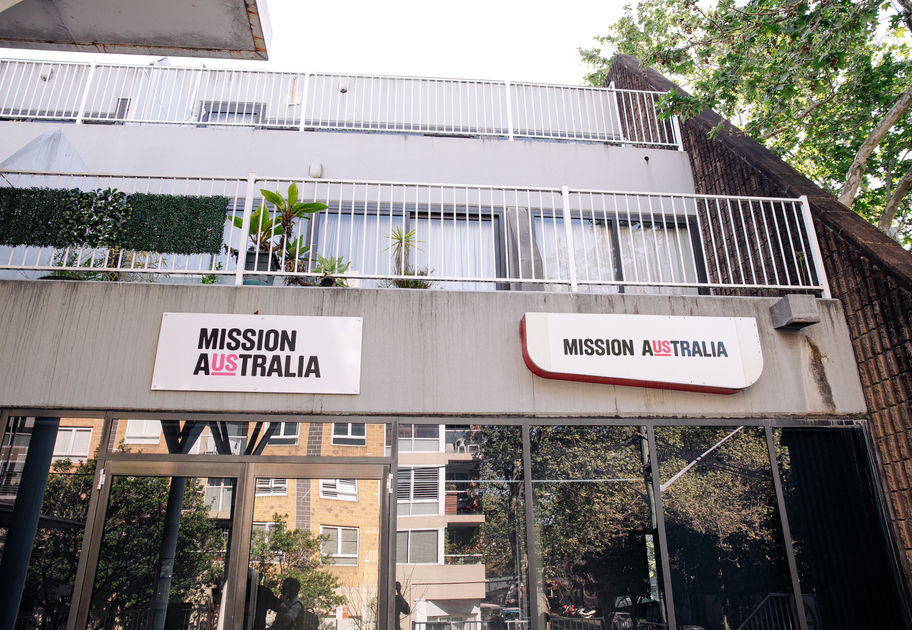 Wide-angle view of the Mission Australia Centre Surry Hills building and front signage.